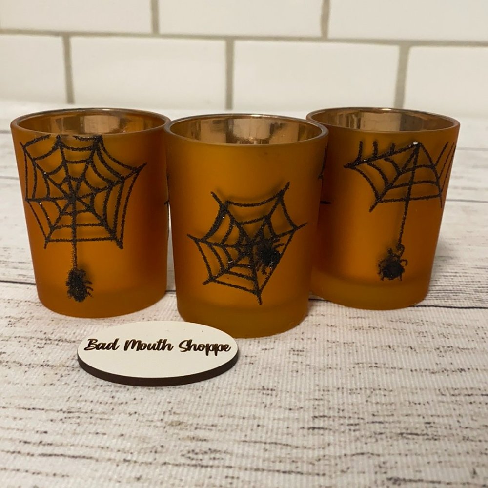Set/3 Halloween Black Glitter Spiderweb Tealight (#2)